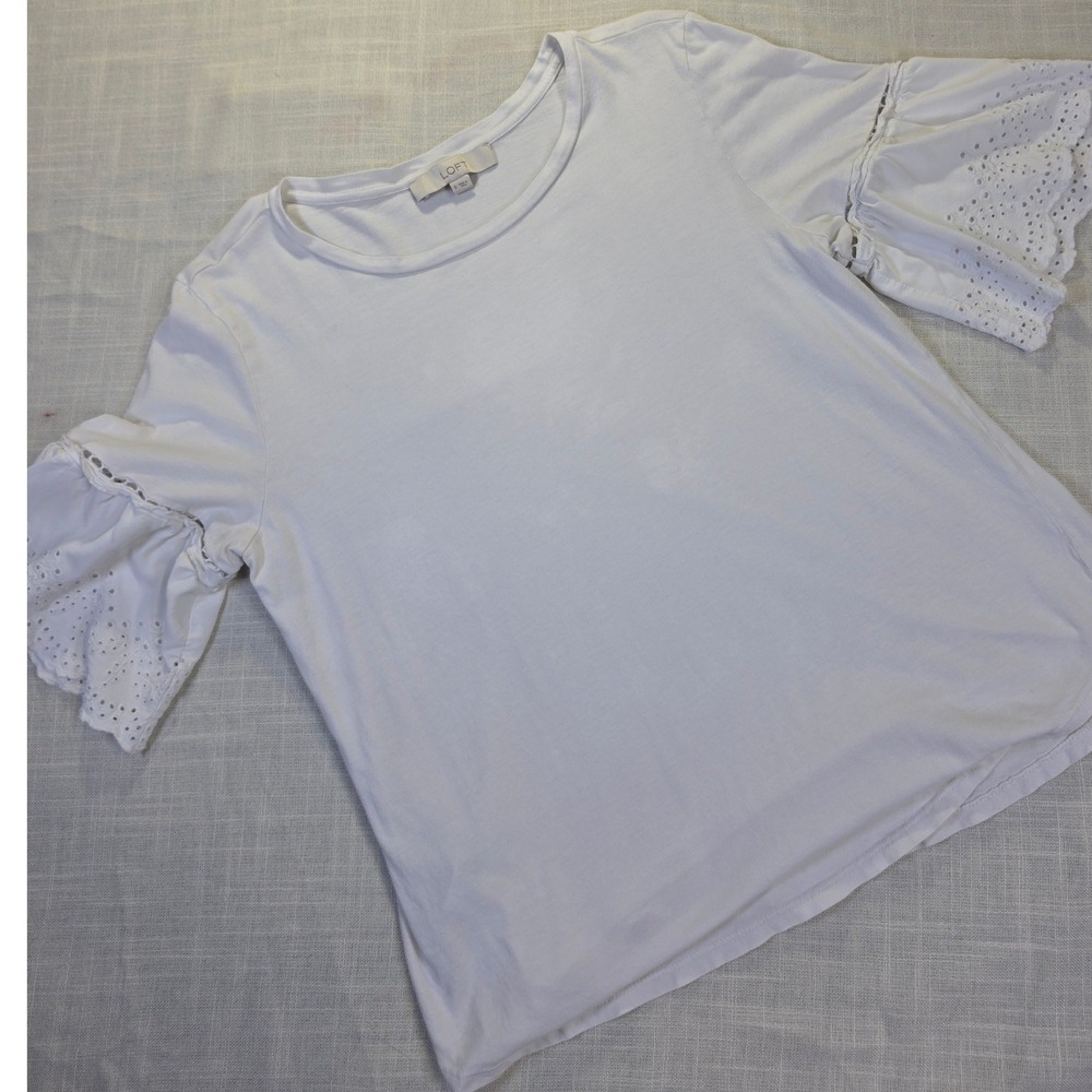 Loft Womens White Eyelet Bell Sleeve Crew Neck Knit Top Small
